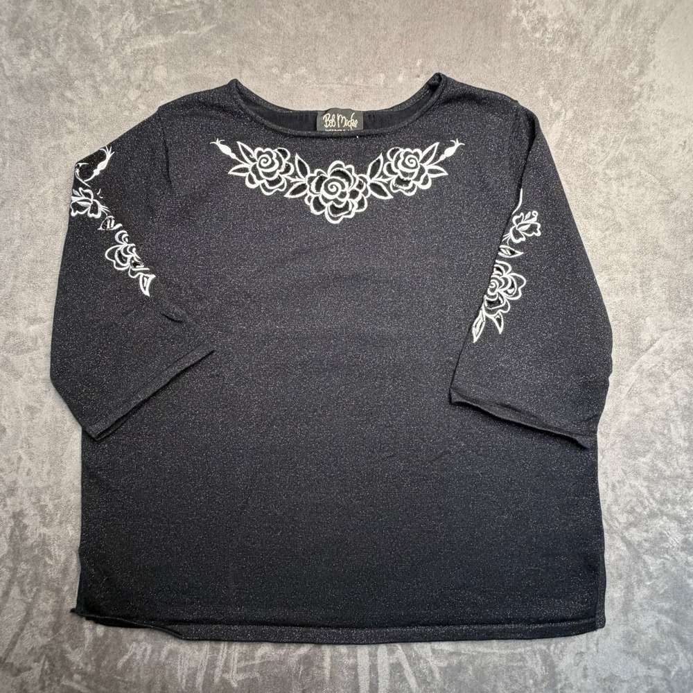 Bob Mackie Knit Top Womens 2X Black Silver Floral Embroidered Shimmer 3/4 Sleeve